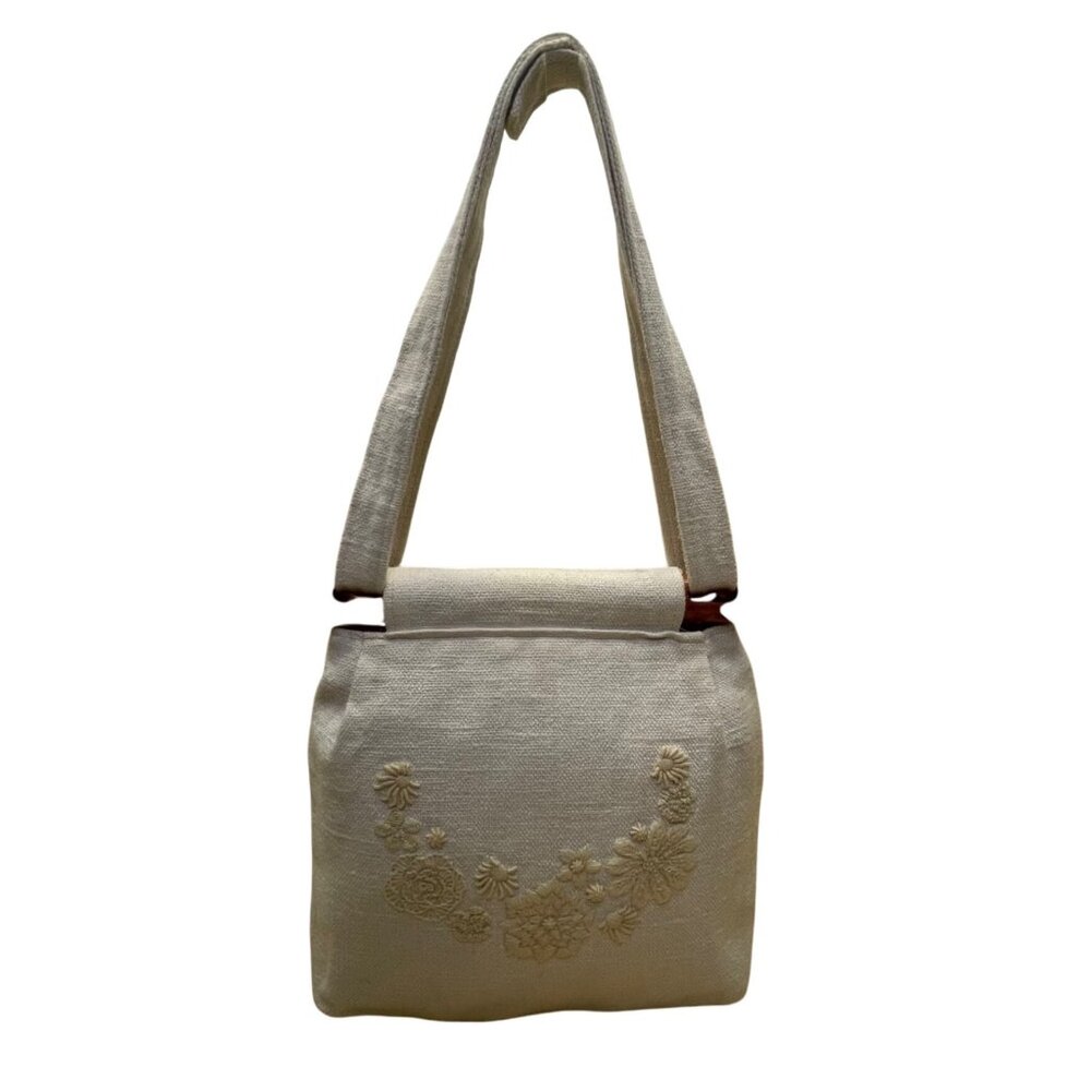 Thistle Needleworks Linen Floral Embroidered With Wooden Accents Shoulder Bag